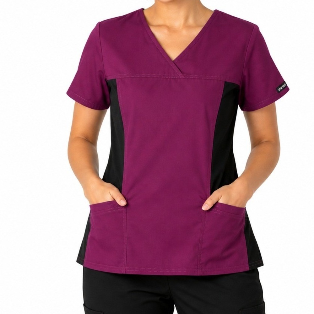 *NWT* Cherokee Flexibles Scrub Top Women Small Wine Black V-Neck
